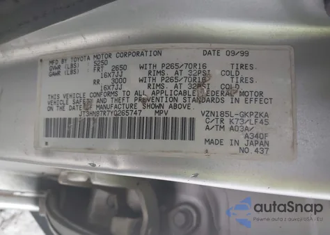 2000 Toyota 4Runner Limited V6 из США, поврежденный, VIN JT3HN87R7Y0265747